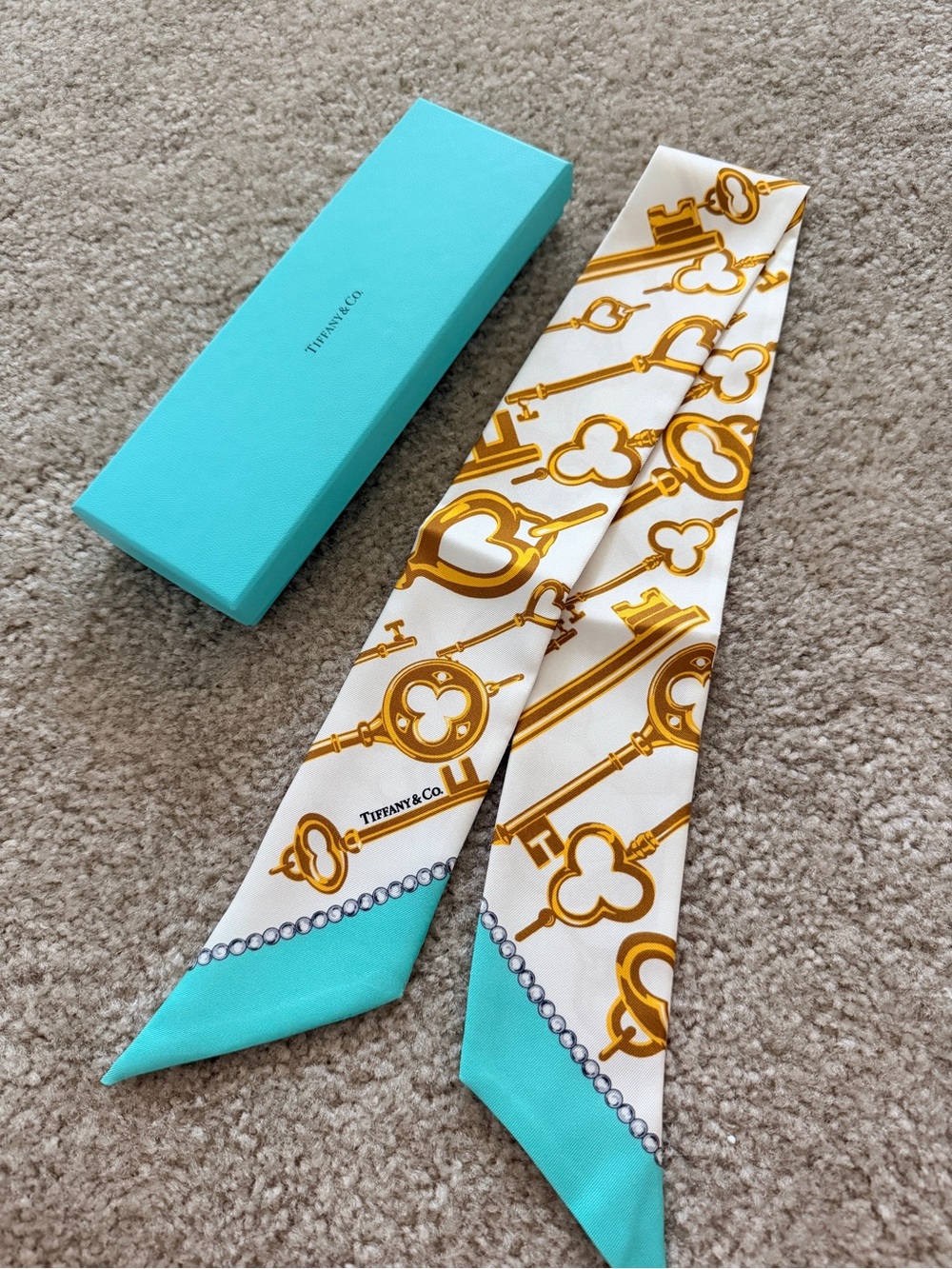 Tiffany & Co. White and Tiffany Blue Key-Print Silk Twilly Scarf